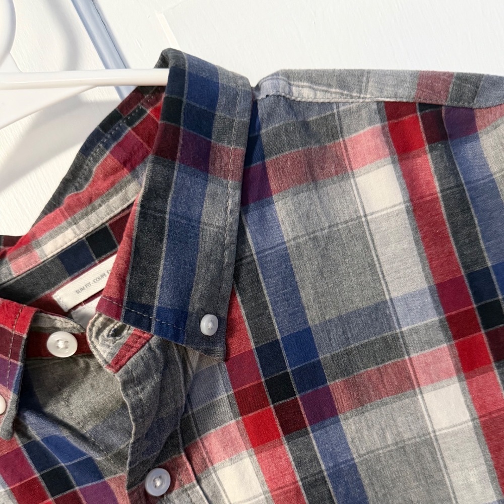 Old Navy Button Down Shirt Mens XL Red Blue Plaid Slim Fit